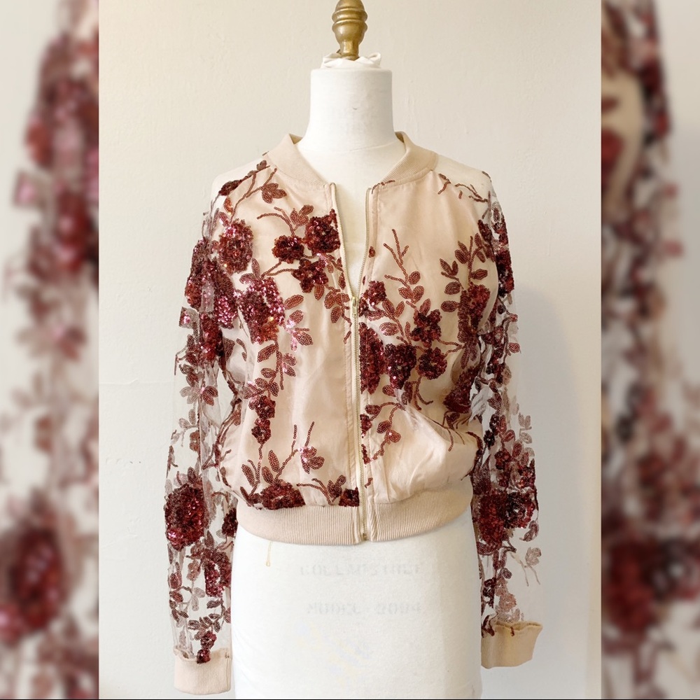 Blush & Wine Sequin Bomber Jacket - Gold Zip NWT
